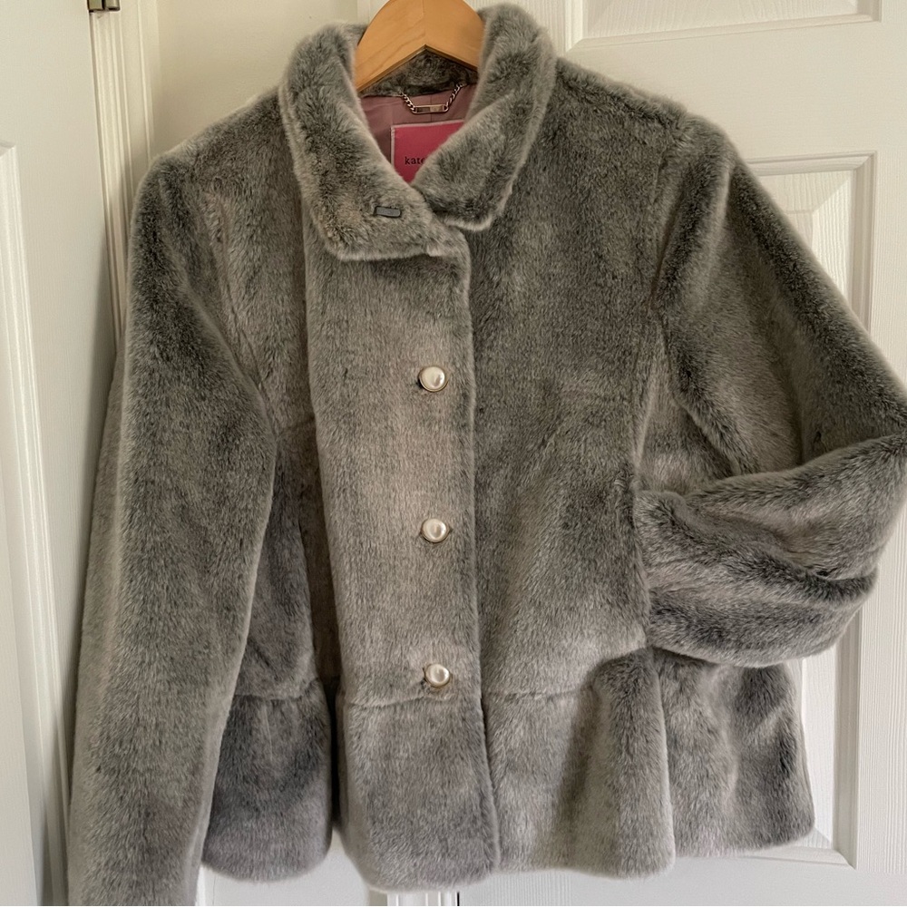 kate spade new york faux fur peplum jacket - hare grey